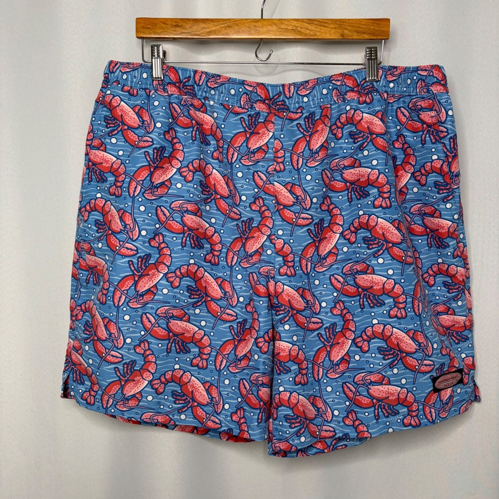 Vineyard Vines Men XL Blue Red Lobster Print Swim Trunks Mesh Lined Board Shorts